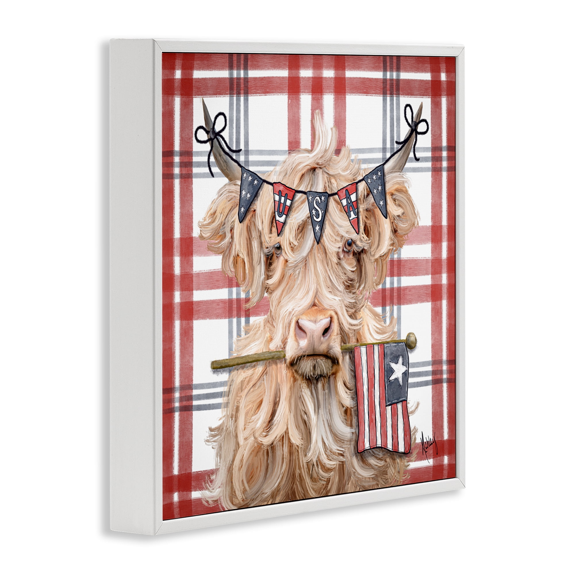 USA Plaid Highland Cattle White Framed Giclee Art, design by Ashley Bradley