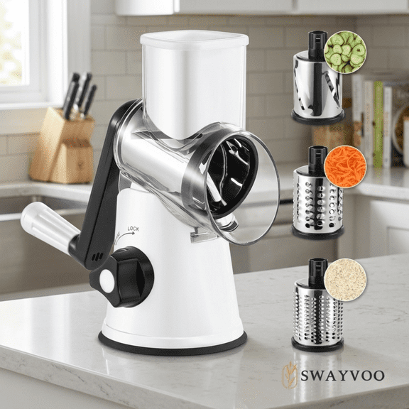 Swayvoo Rotary Grater 3 Blade Cheese Grater, Mandoline Vegetable Chopper, Cheese Shredder, Rotating Drum Grater White