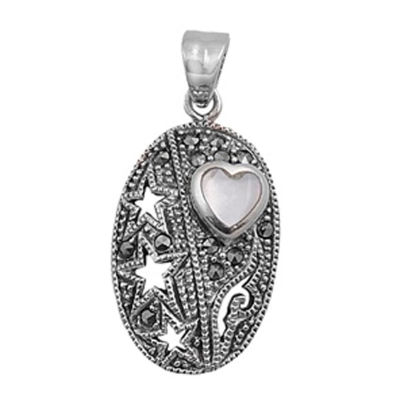 Oval Heart Shield Pendant Simulated Mother of Pearl .925 Sterling Silver Charm Jewelry Female Male