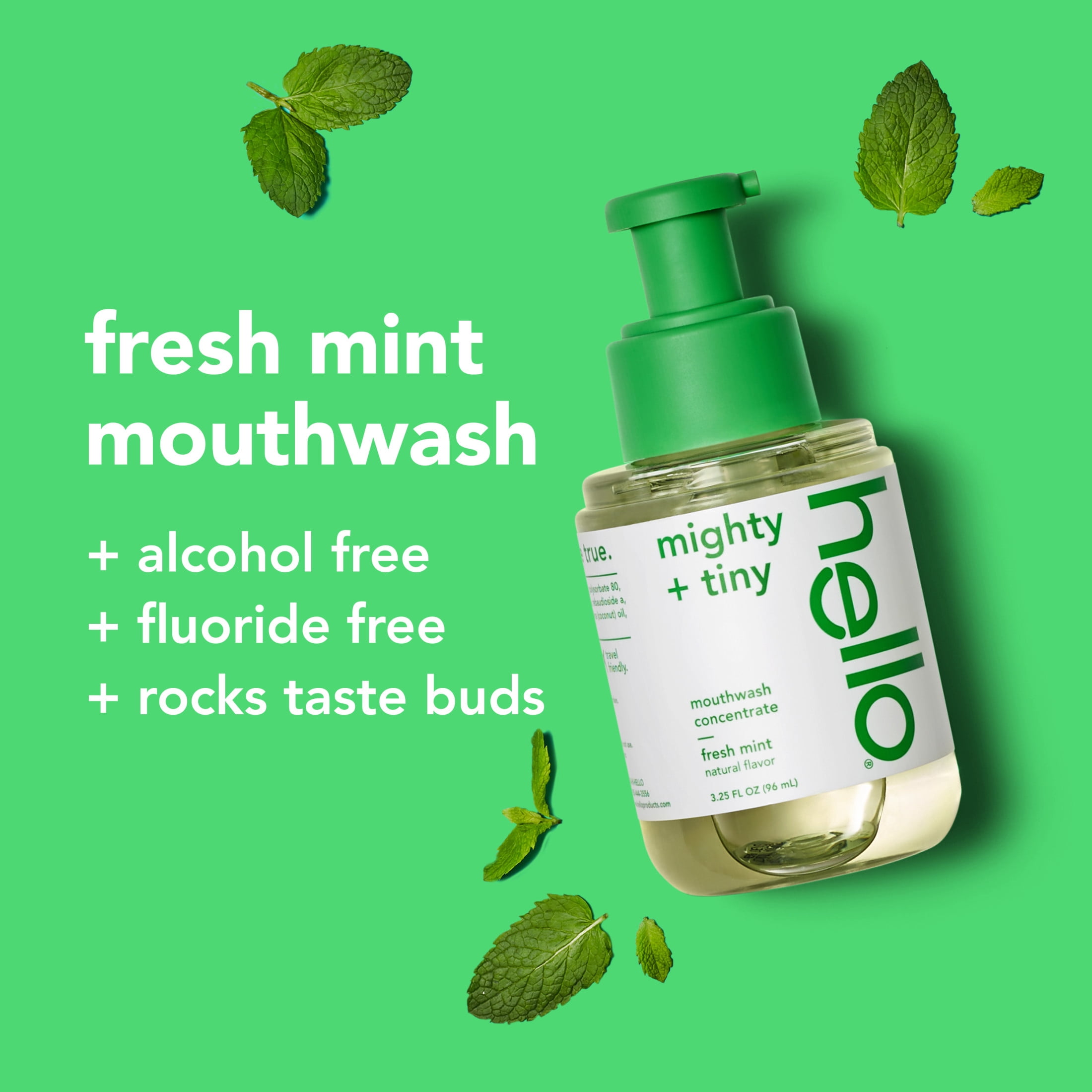 hello Mighty and Tiny Alcohol Free Mouthwash Concentrate, Fresh Mint, 3.25 Fl Oz Pump Bottle
