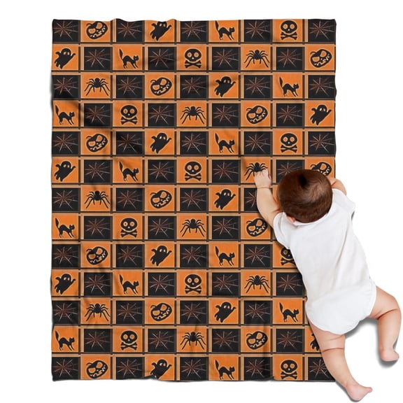 Halloween Patchwork Icons Pattern Blanket,Comfortable Soft Flannel Throw Blanket,All Season,Warm Lightweight Blankets for Sofa Bed Couch Living Room Chair,30"x40"