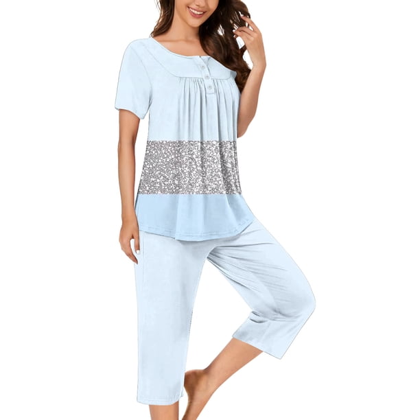 Sexy Pijama Conjunto para las Mujeres, Cuello Redondo Blusa de Manga Corta Y Pantalones, Traje de Moda Casual