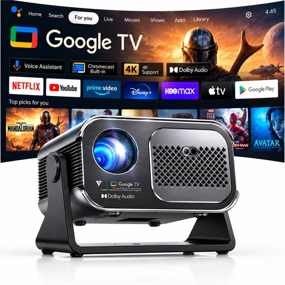 Smart Projector with Google TV, Native 1080P, Auto Focus & Auto Keystone, WiFi & Bluetooth, 4K Input via HDMI, Adjustable Stand for Home Theater