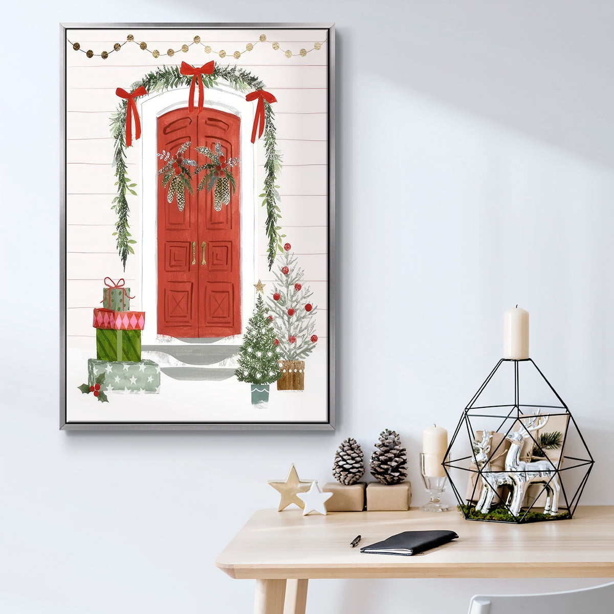 Festive Front Door II - Framed Gallery Wrapped Holiday Canvas - 17 x 25 - Silver Frame