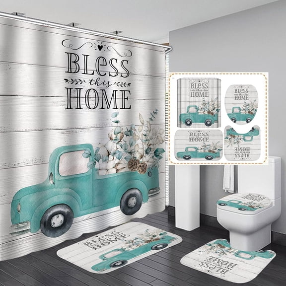 4PCS Rustic Farmhouse Shower Curtain Set, Antique Red Truck Car Vintage Farm Pickup Truck Tractor Dog Autumn Fall Barn Cabin Lodge Country Bathroom Decor, Non-Slip Bath Mat Toilet Rug