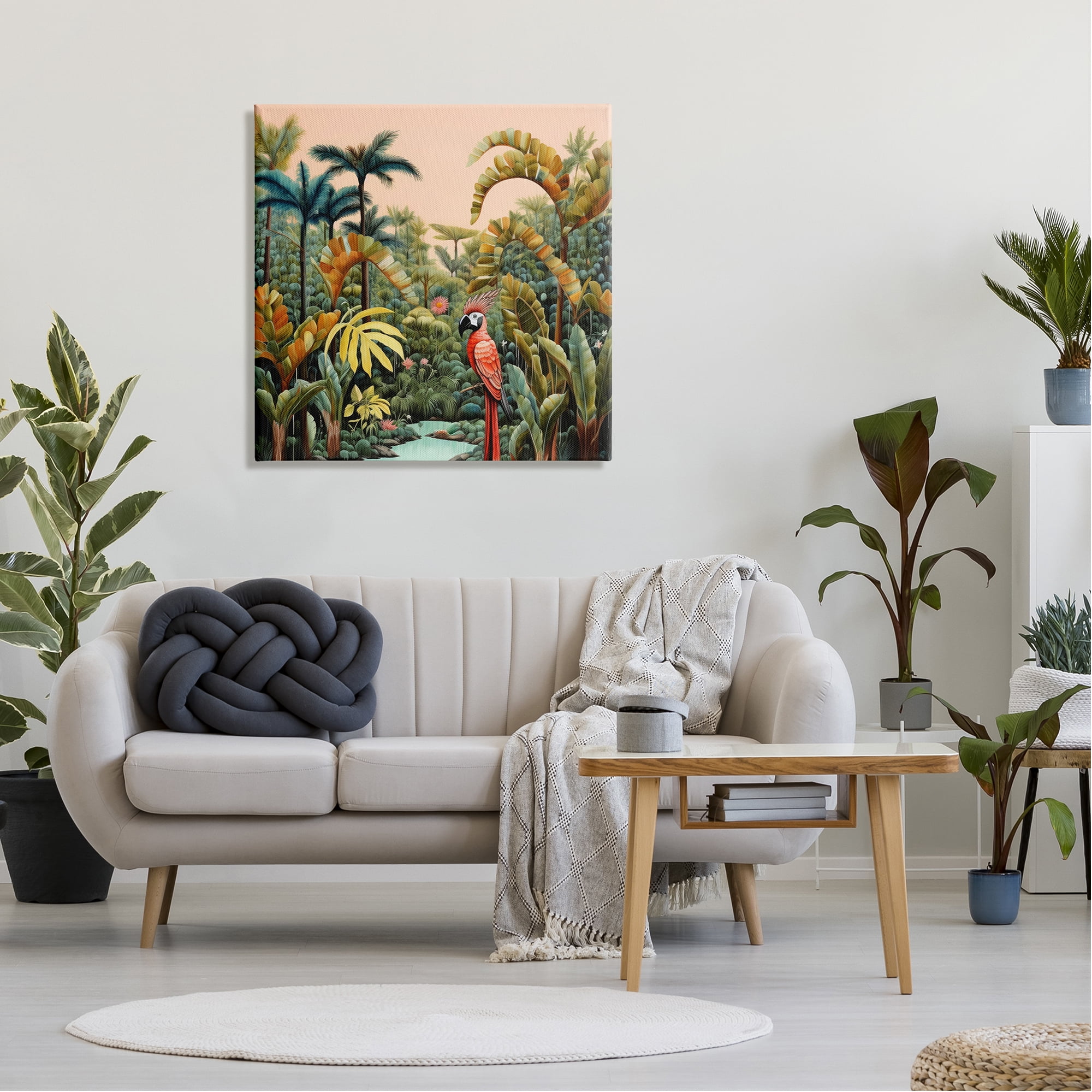 Stupell Industries Parrot in Tropical Vegetation Landscape Painting Gallery Wrapped Canvas Art Print Wall Art, 30 x 30