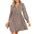 thumbnail image 1 of Vestido casual naranja con mangas abullonadas y escote en V, talla S, con estampado floral, 1 of 6