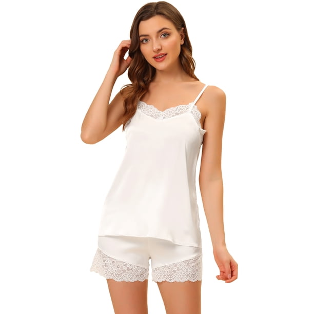 Lencería sexy de satén para mujer, con ribete de encaje, camisetas, pantalones cortos, pijamas, conjuntos blanco XS