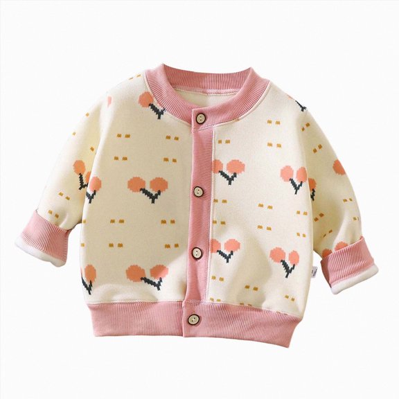 enyan Toddler Fall Winter Sweater Cartoon Print Cotton Cardigan Knit Sweatshirt Little Boys Girls Warm Clothes(Light Pink,18-24 Months)
