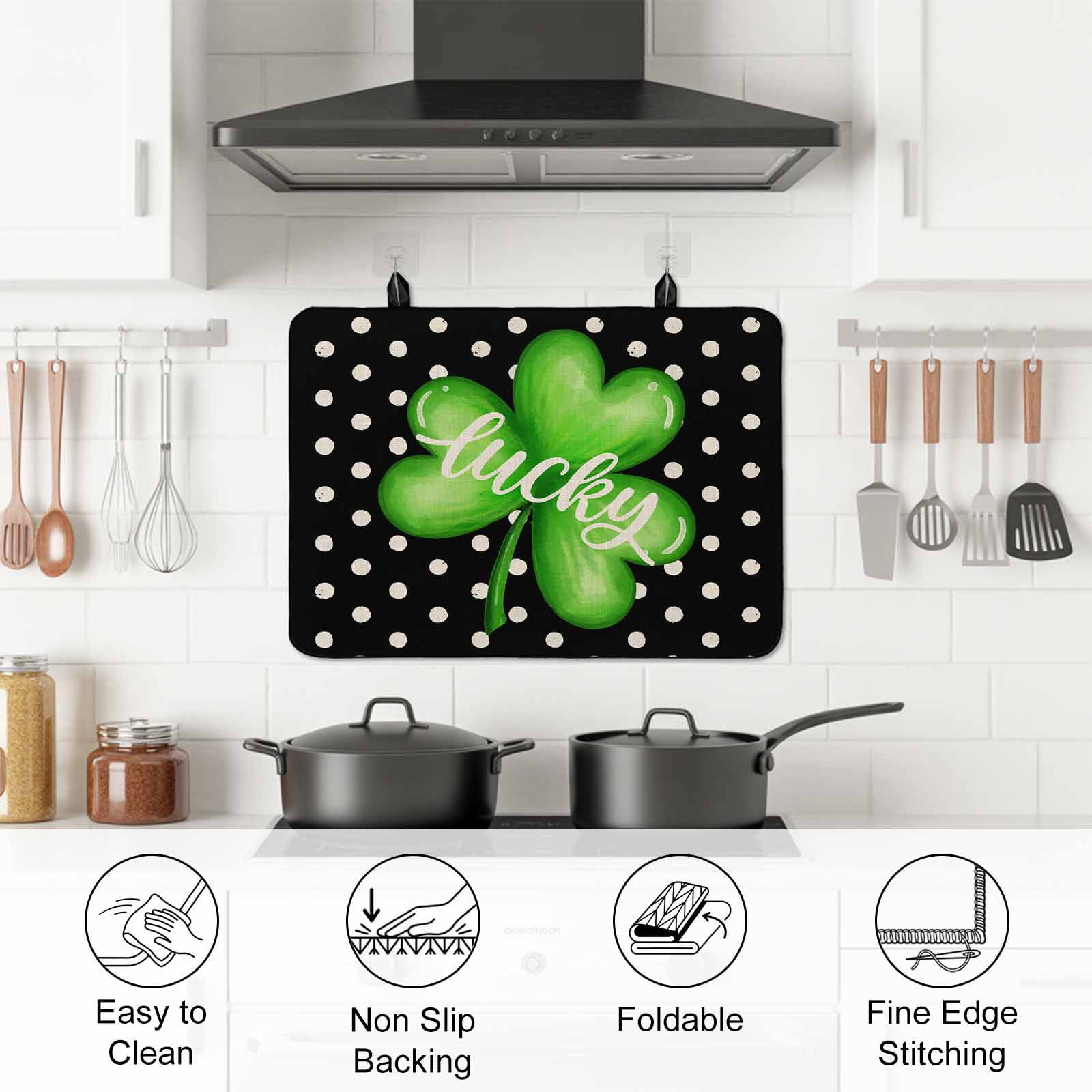St. Patrick's Day Stove Top Cover for Electric Stove, Heat-proof & Non Slip Glass Top Stove Cover Protector, Green Lucky Black White Polka Dots Kitchen Flat Cooktop Rubber Mat 24x21 Inches
