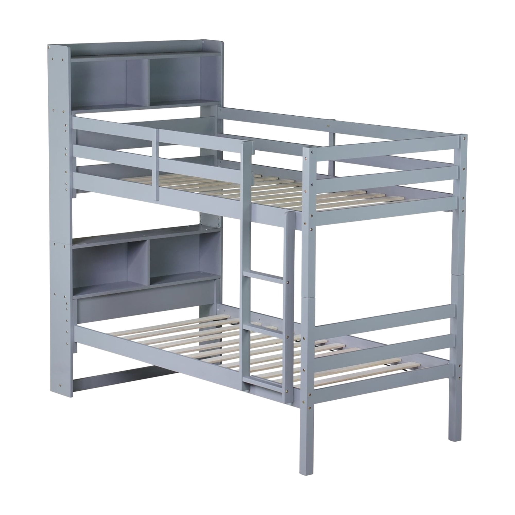Leumius Twin Over Twin Bunk Bed with Shelves , Rubber Wood Bed with Shelves Headboard, Safety Guardrails and Ladder, Convertible to 2 Beds for Boys Girls Grey