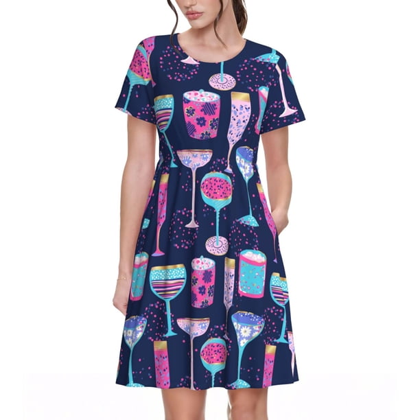 Disketp Wine Glasses And Cocktails para Vestido de Manga Corta para Mujeres, Vestidos de Verano para Mujeres, Casual y Holgado para la Playa