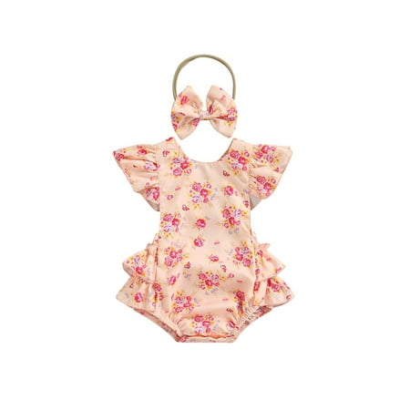 

Suanret 2PCS Newborn Floral Print Outfits Infants Baby Girls Ruffle Fly Sleeve Round Neck Bodysuit Bow Headband Pink 6-12 Months