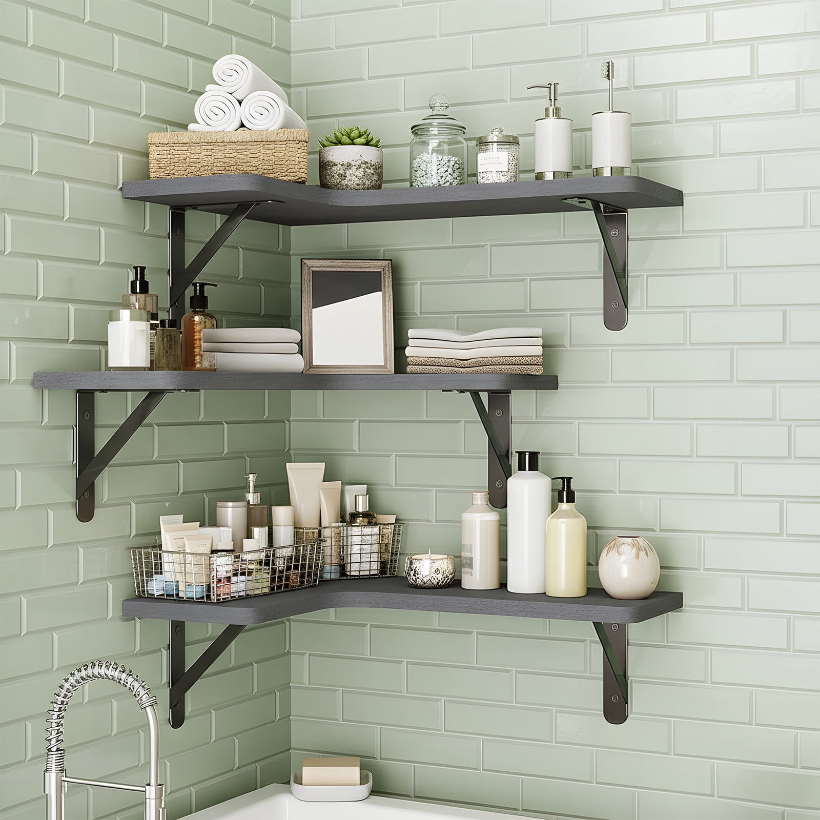 Fairy 5pcs Corner Floating Shelves for Wall, Rustic Wood Wall Shelves, 16.1x11.4 inches, Gray