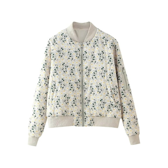 ZRGHAOYLQ Women's Bomber Jacket Fashion Floral Print Puffer Jackets Diamond Quilted Long Sleeve Zip Up Jacket with Pockets Patchwork Collared Outerwear Coats
