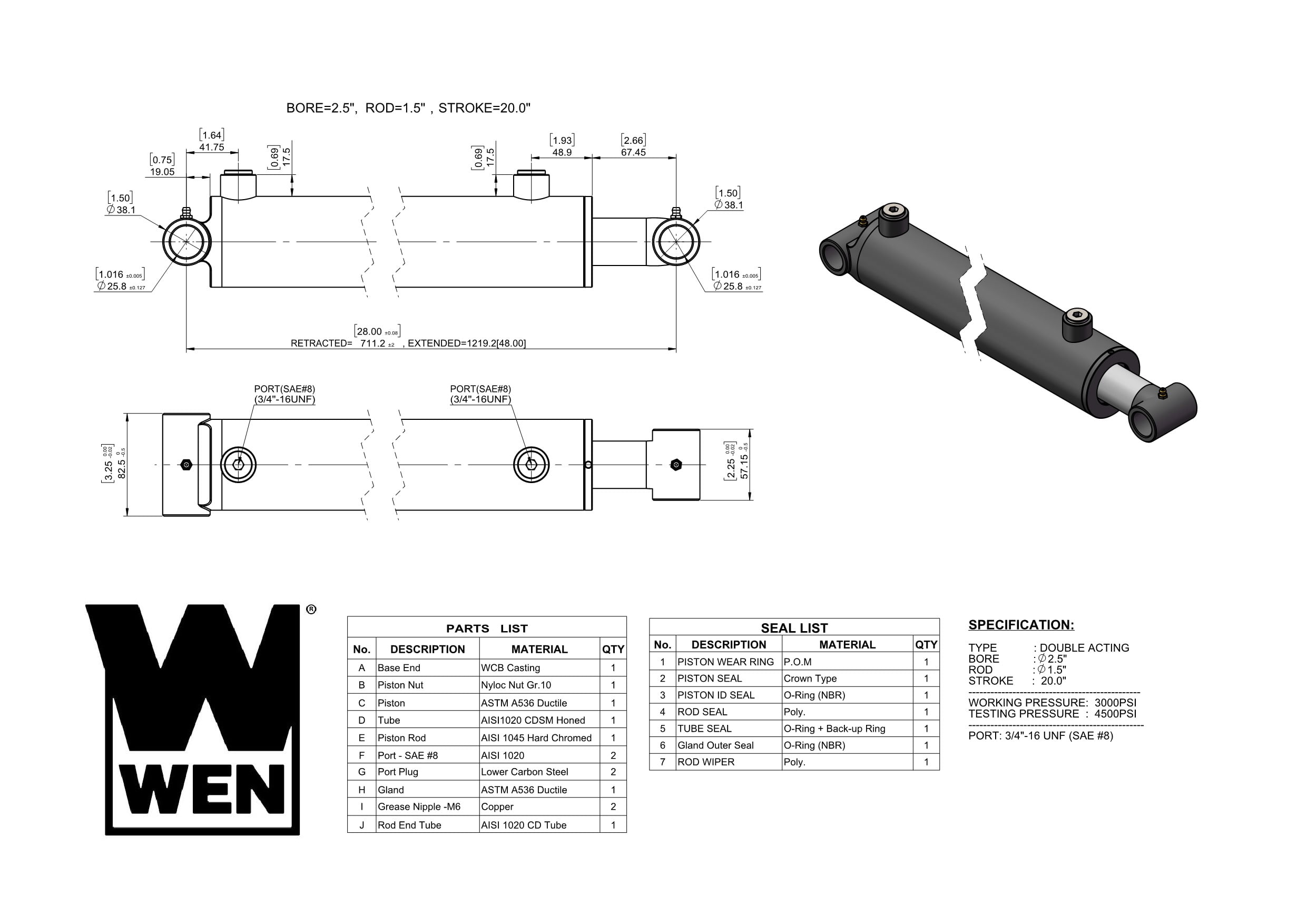 WEN Cross Tube Hydraulic Cylinder with 2.5-inch Bore and 20-inch Stroke