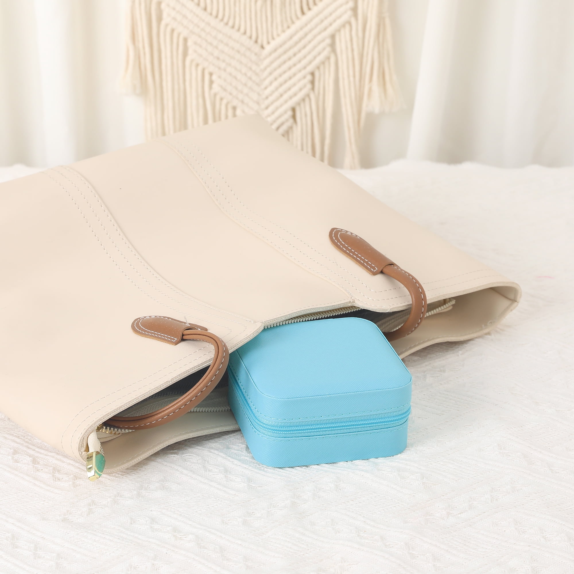 Unique Bargains Mini Travel Jewelry Box with Mirror Sky Blue
