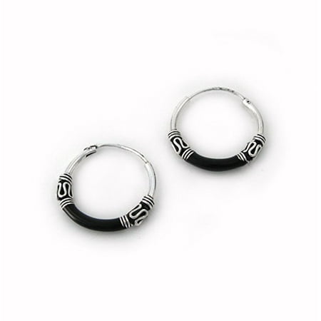Bali Sterling Silver Fashion Earrings - Sterling Silver Bali Design Color Coated 16mm Hoop Earrings, Black