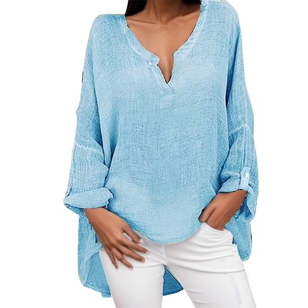 Gibobby Blusa Mujer Blusa holgada de talla grande para mujer, blusa de manga larga de color superior informal con cuello en V liso, blusa para mujer(Azul, M)