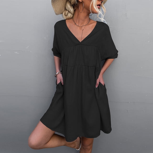 Gspmoly Robe d'Été, Robe d'Été Mode pour Femmes avec Poches, Col en V, Unie, Ample, à Manches Courtes, Robe de Vacances pour Femmes, Offres Prime