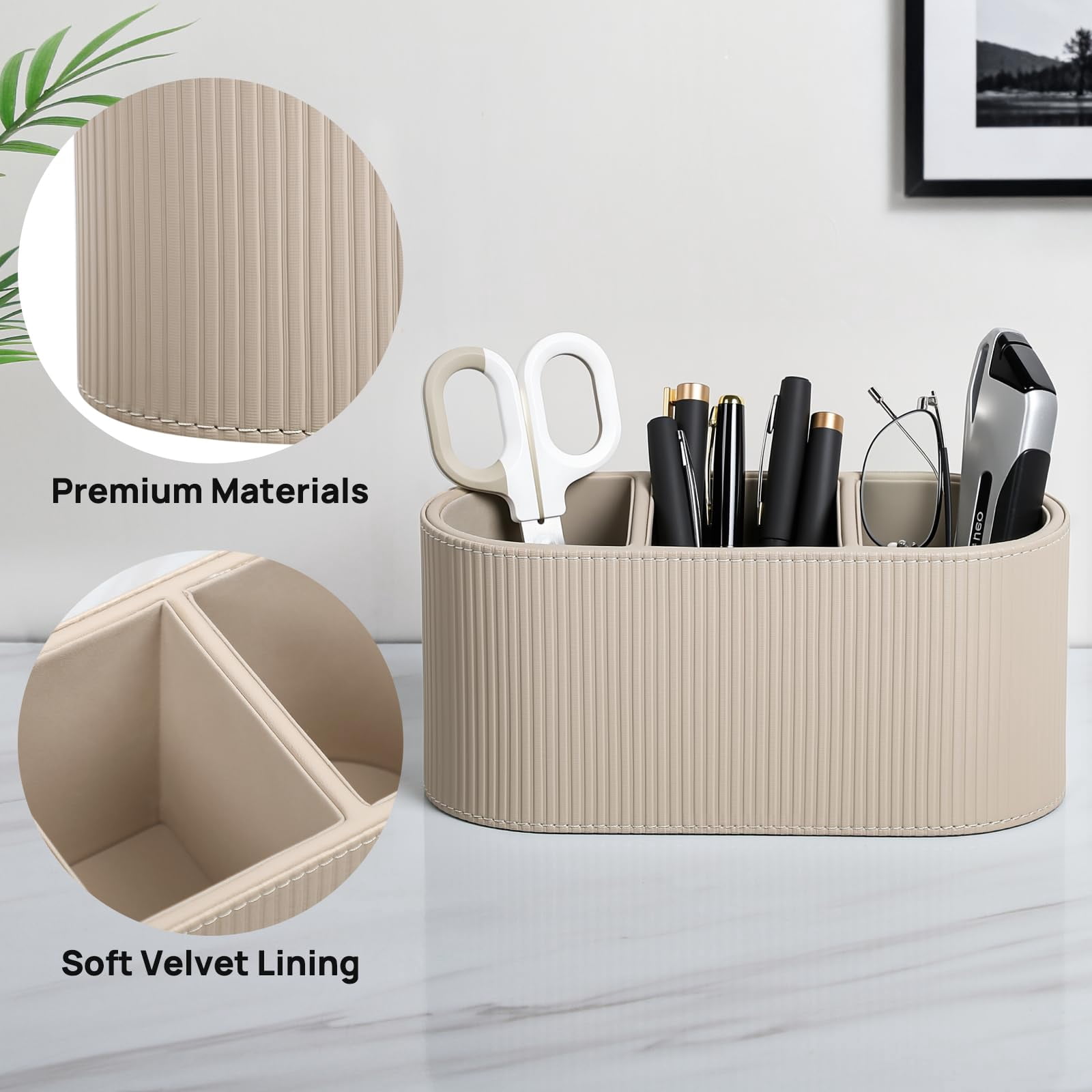 Aesthetic Remote Control Holder  Pu Leather Pen For Desk With 3 Compartments Home Office Supplies And Accessories Stylish Bedside Nightstand Desktop Organizer (beige)