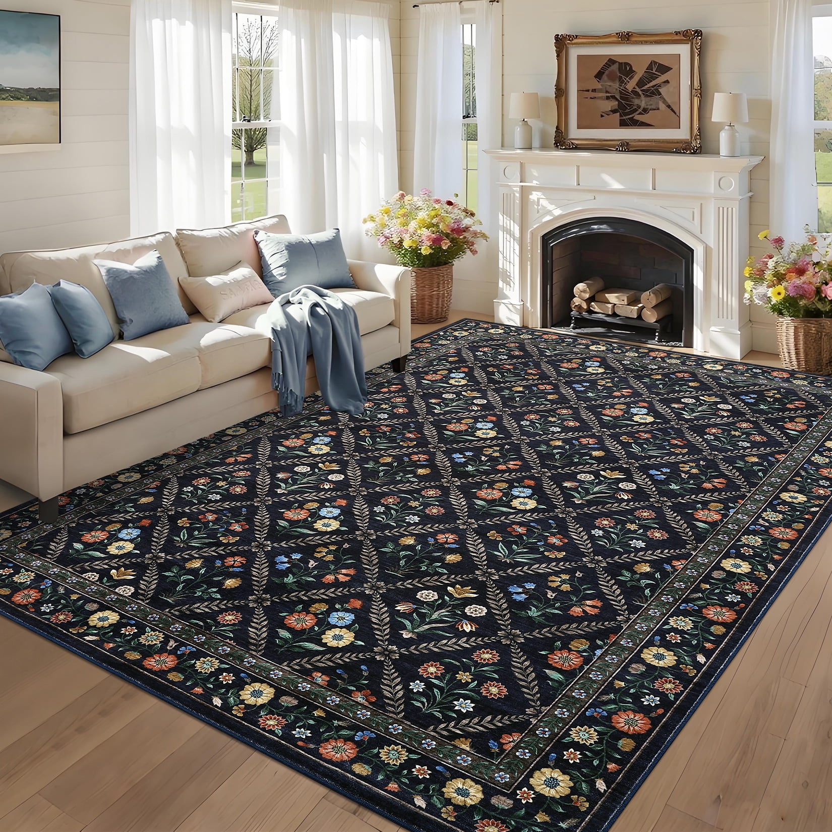 Senfot 8x10 Floral Print Area Rug Machine Washable Non-Slip Stain Resistant Low Pile Bordered Farmhouse Rug for Living Room Bedroom Home Office Blue
