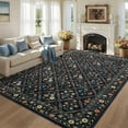 thumbnail image 2 of 9x12 Floral Print Area Rugs Bordered Rug, Machine Washable Rug Modern Striped Low Pile Rug Carpet with Non-Slip Backing, Stain-Resistant Farmhouse Rugs for Living Room Bedroom Home Office, Blue, 2 of 9
