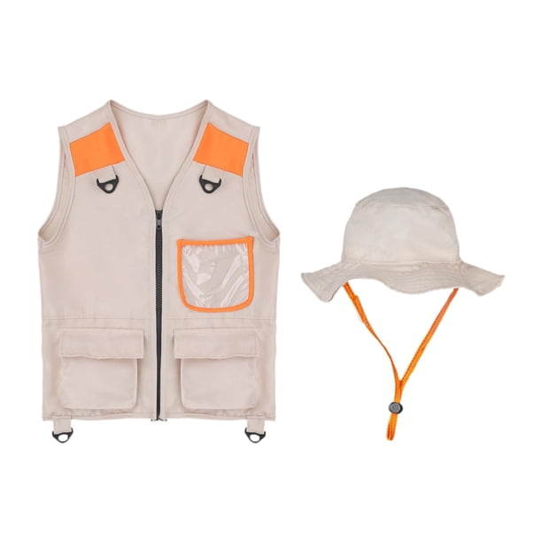 Chaleco explorador para niños, regalo de cumpleaños, equipo de camping, disfraz educativo para acampar, chaleco cargo para niños y niñas, sombrero Naranja