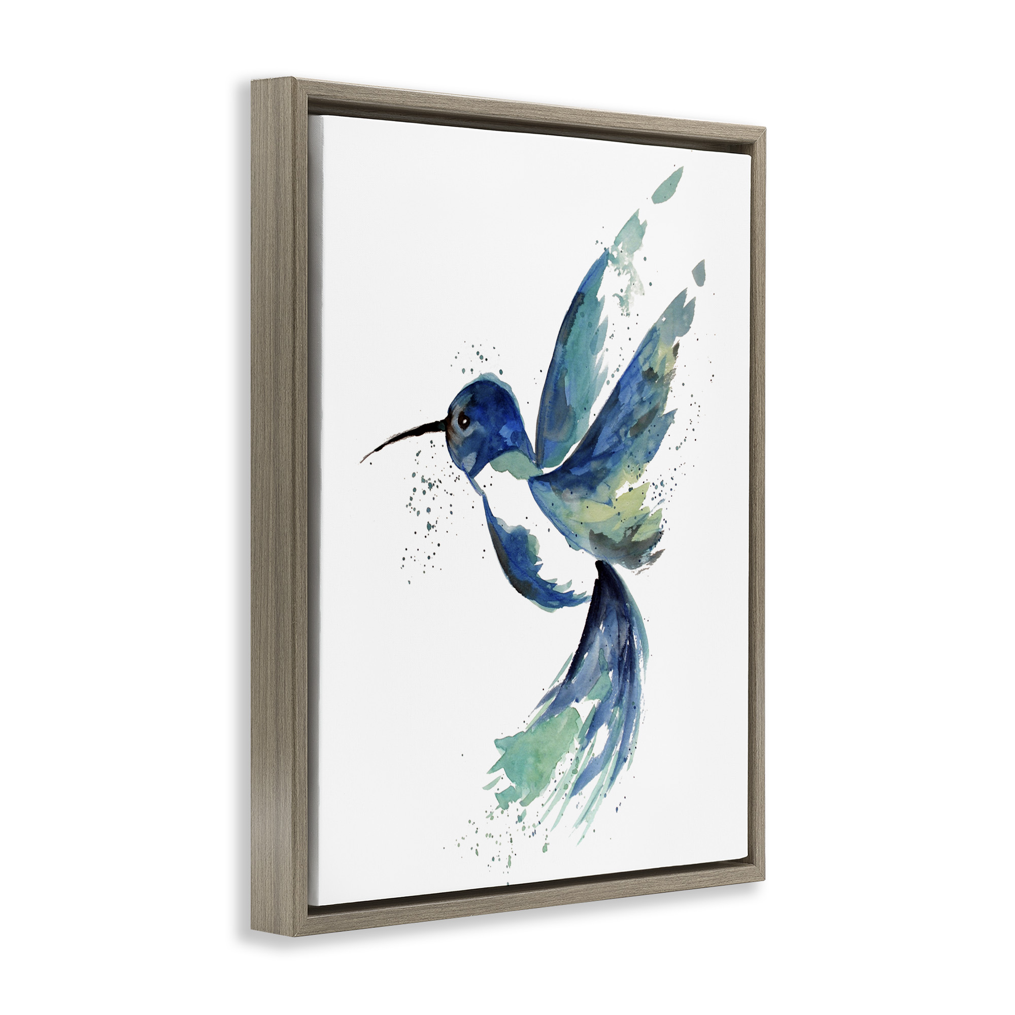 Stupell Industries Modern Blue Hummingbird Flying Animals & Insects Painting Brown Floater Framed Canvas Art Print Wall Art, 17 x 21