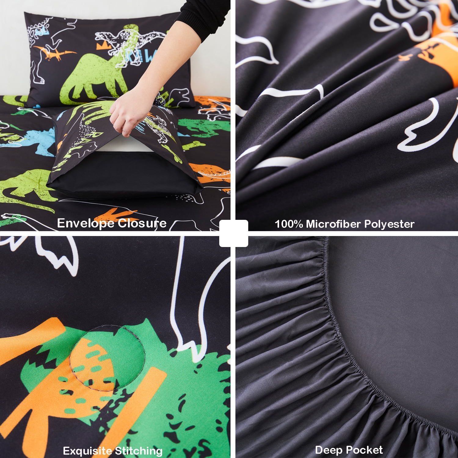 URBONUR 3Pcs Black Dinosaur Queen Comfotrer Set for Boys Kids Teens Colorful Dinosaur Bedding Sets Soft Lightweight Bed Sets with Pillowcases