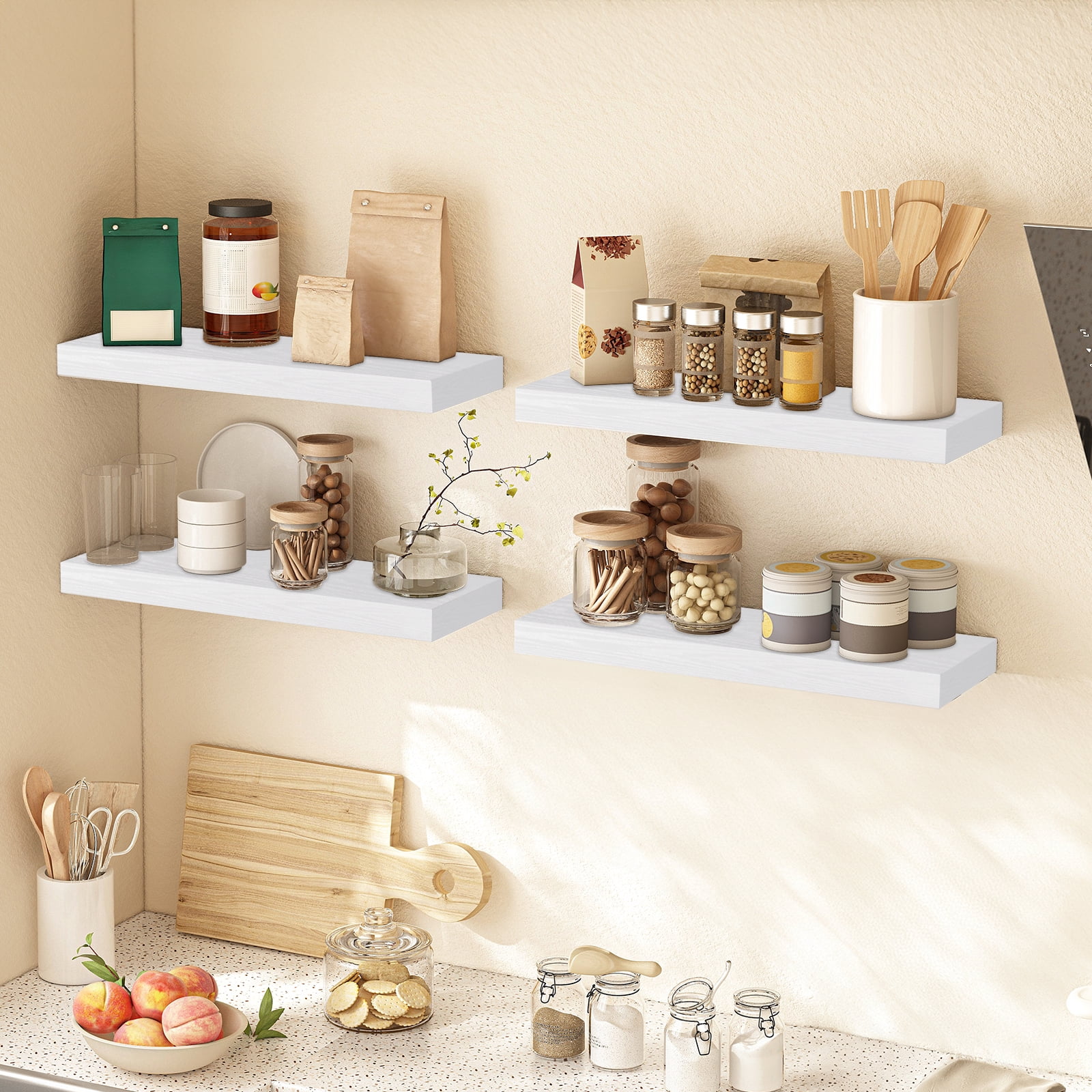 Fairy 15.8in Floating Shelves, Wall Shelves Set of 4, Shelves for Wall Decor, with Invisible Brackets, 15.8x1.2x5.5inches, White