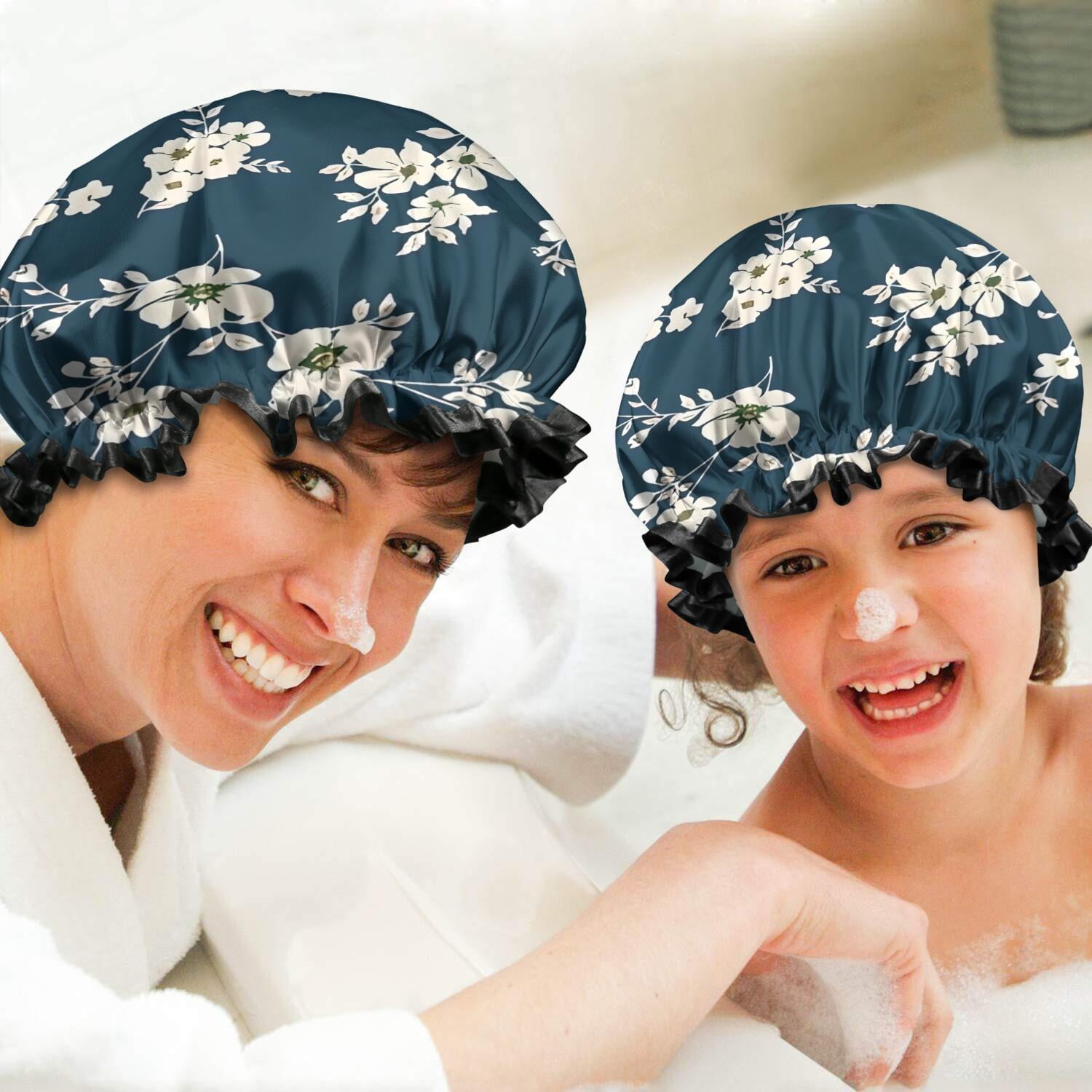 Shower Caps,Pioneer Flower Floral Print Pattern Waterproof Shower Cap for Women 4 Pieces,Double Reusable Hair Cover for Shower PEVA Elastic Stretch Hem