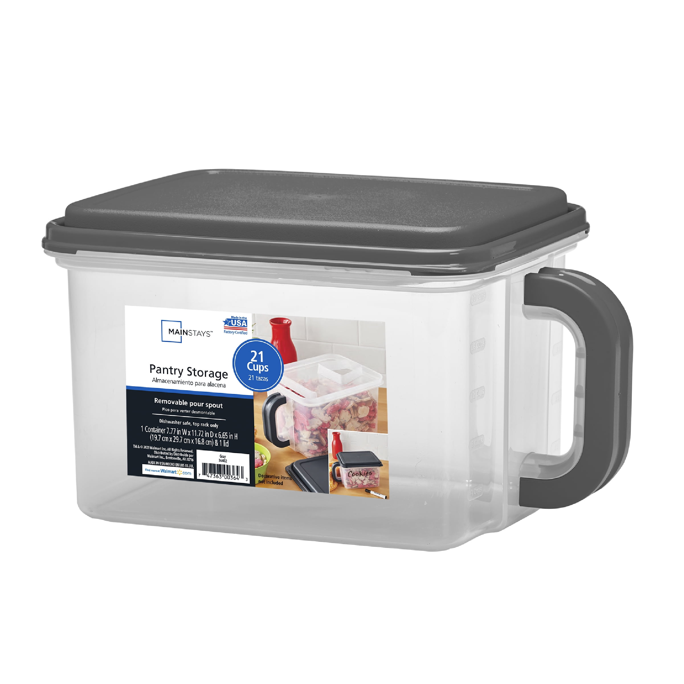 Mainstays Medium Canister with Handle, 21 Cups Plastic, Gray Lid and Handle