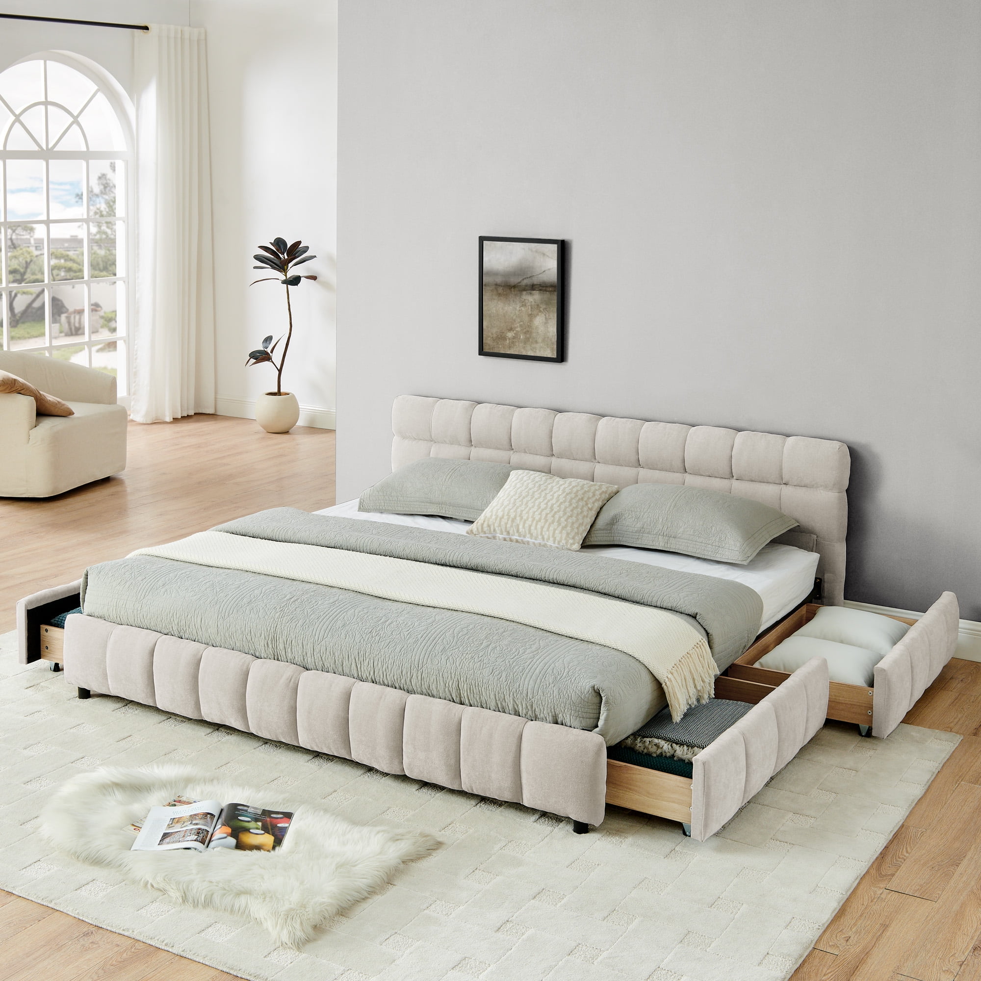 Howcool King Size Upholstered Platform Bed Frame with 4 Storage Drawers,Tufted Headboard,Chenille Low-profile Bed with Wooden Slats,No Box Spring Needed,Beige
