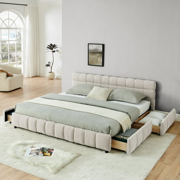 Aukfa King Size Upholstered Bed Frame with 4 Storage Drawers, Chenille Fabric Platform Bed, Tufted Design, Beige