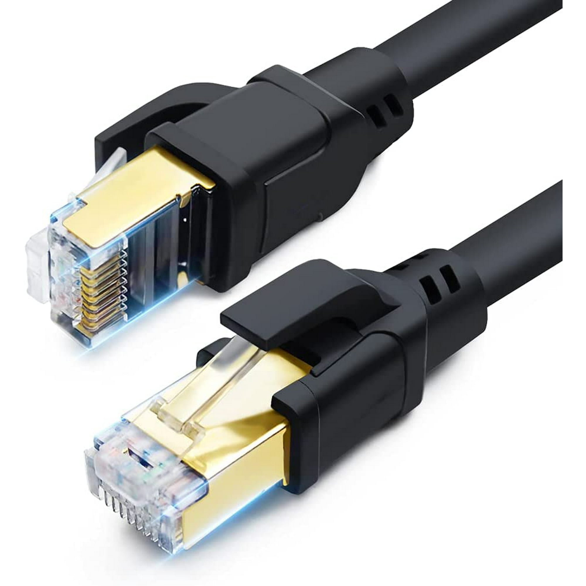 Câble Ethernet Cat8 100 Pieds (30 Mètres) Haute Vitesse, Connecteurs RJ45 Plaqués Or, Noir