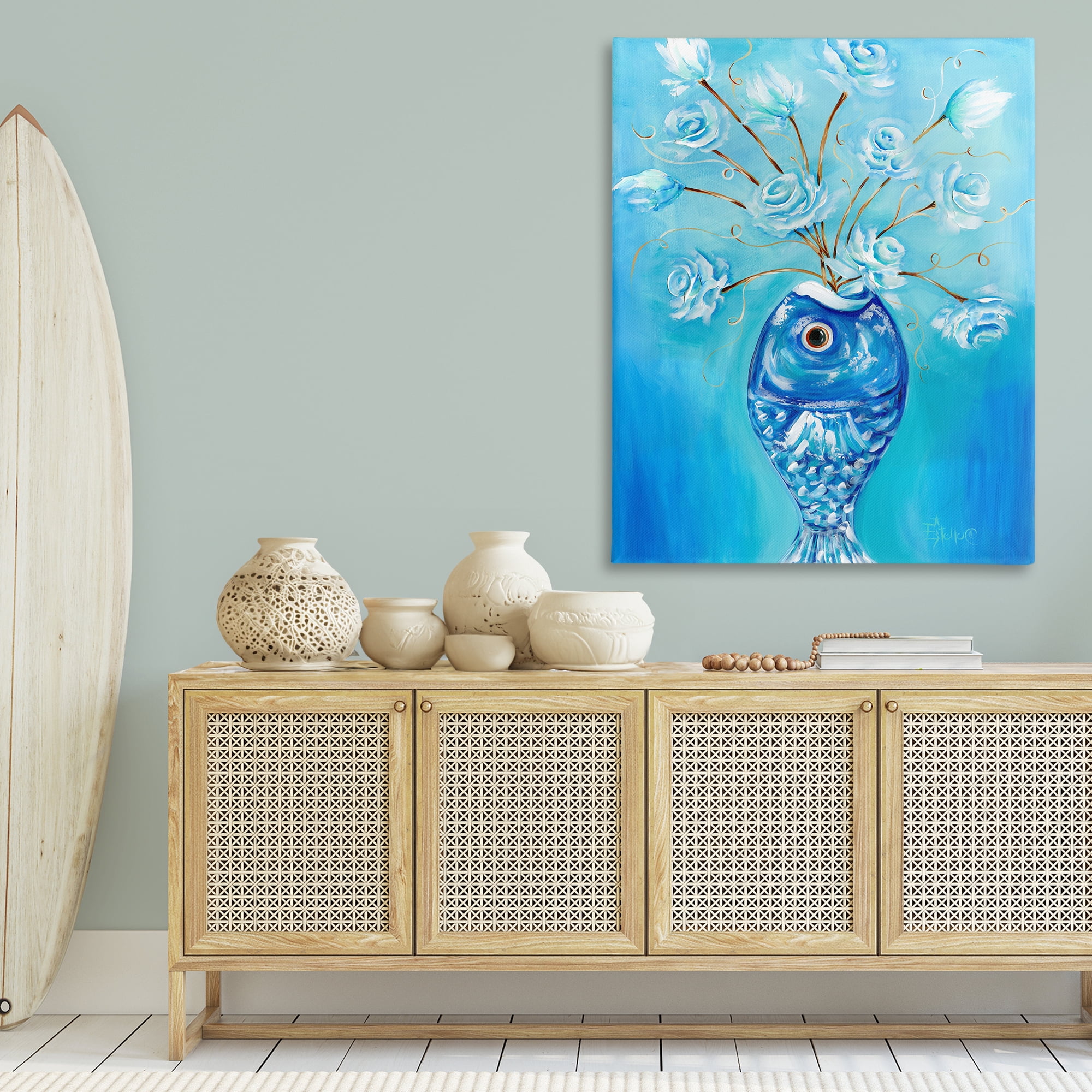 Stupell Industries Fish Vase Bouquet Botanical & Floral Painting Gallery Wrapped Canvas Art Print Wall Art, 36 x 48
