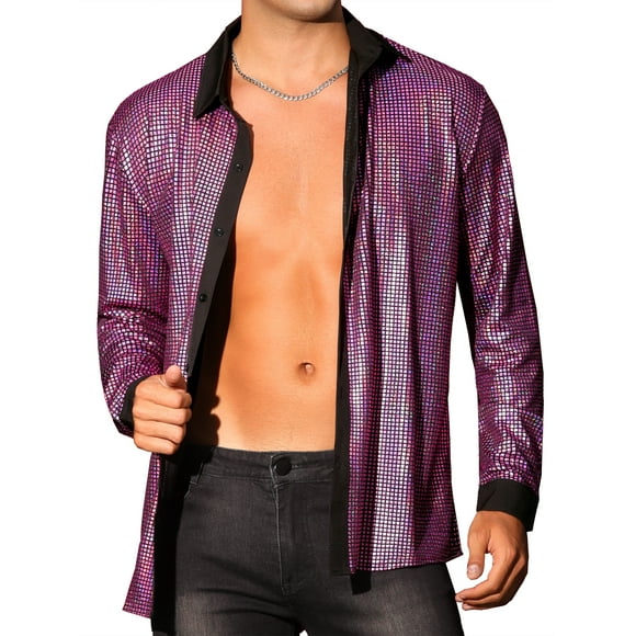 Camisas de disco de los 70 para hombres, de manga larga, con botones, brillantes, para fiestas y promociones, camisa de lentejuelas de disco de los 70, color rosa