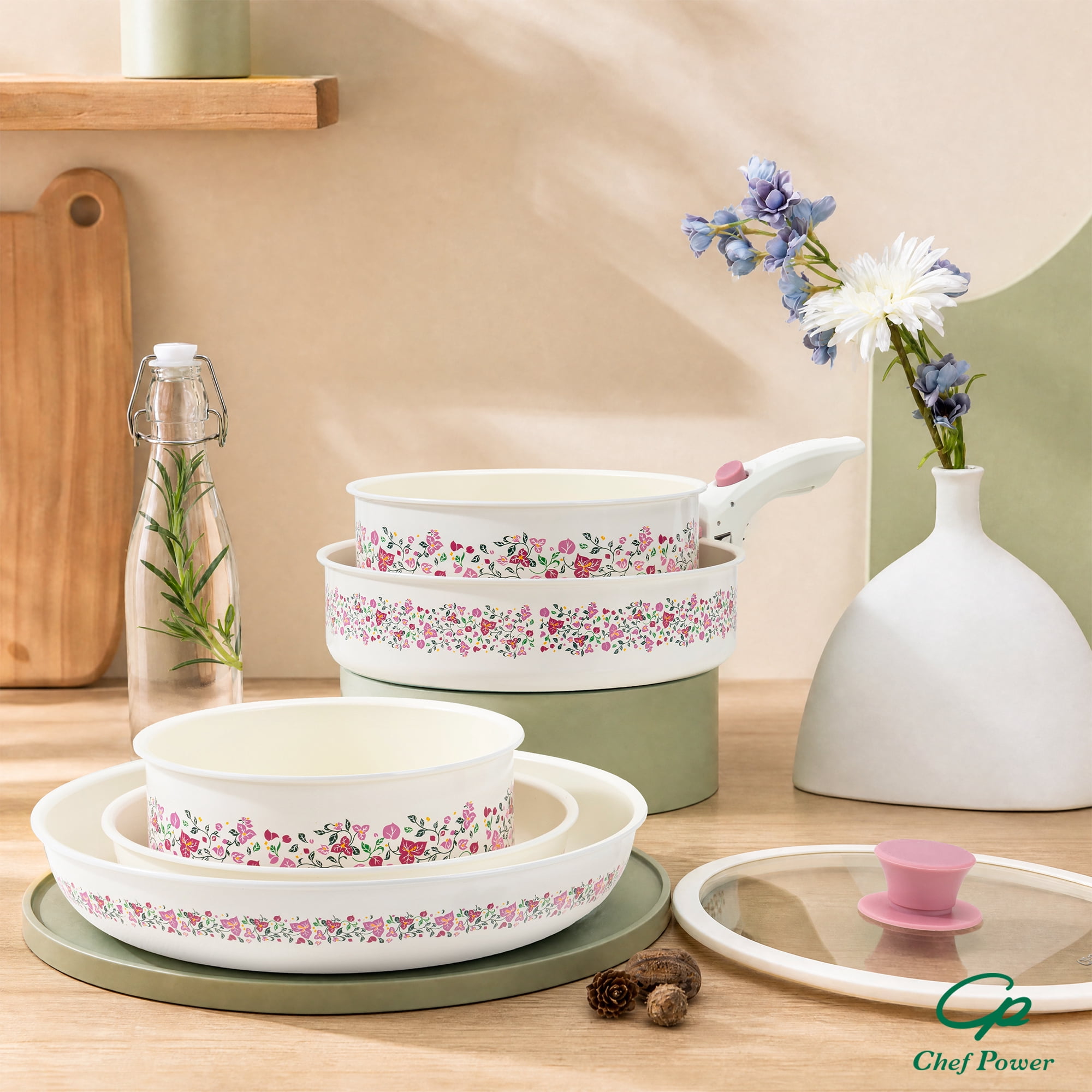Chef Power 14pcs Nonstick Ceramic Cookware Set, Cream White Bougainvillea Print