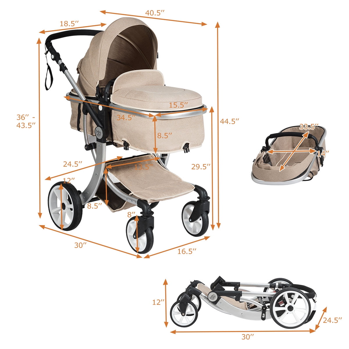 Infans Aluminum Infant Reversible Outdoor Foldable Stroller W/Diaper Bag Beige