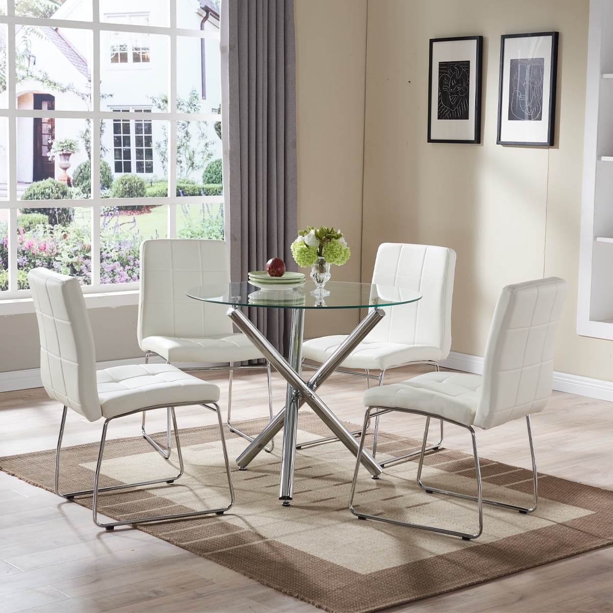 EiweLive 5 Piece Round Dining Table Set for 4, Modern Glass Kitchen Table and 4 Chairs for