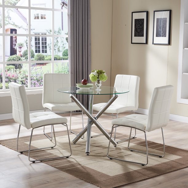 EiweLive 5 Piece Round Dining Table Set for 4, Modern Glass Kitchen