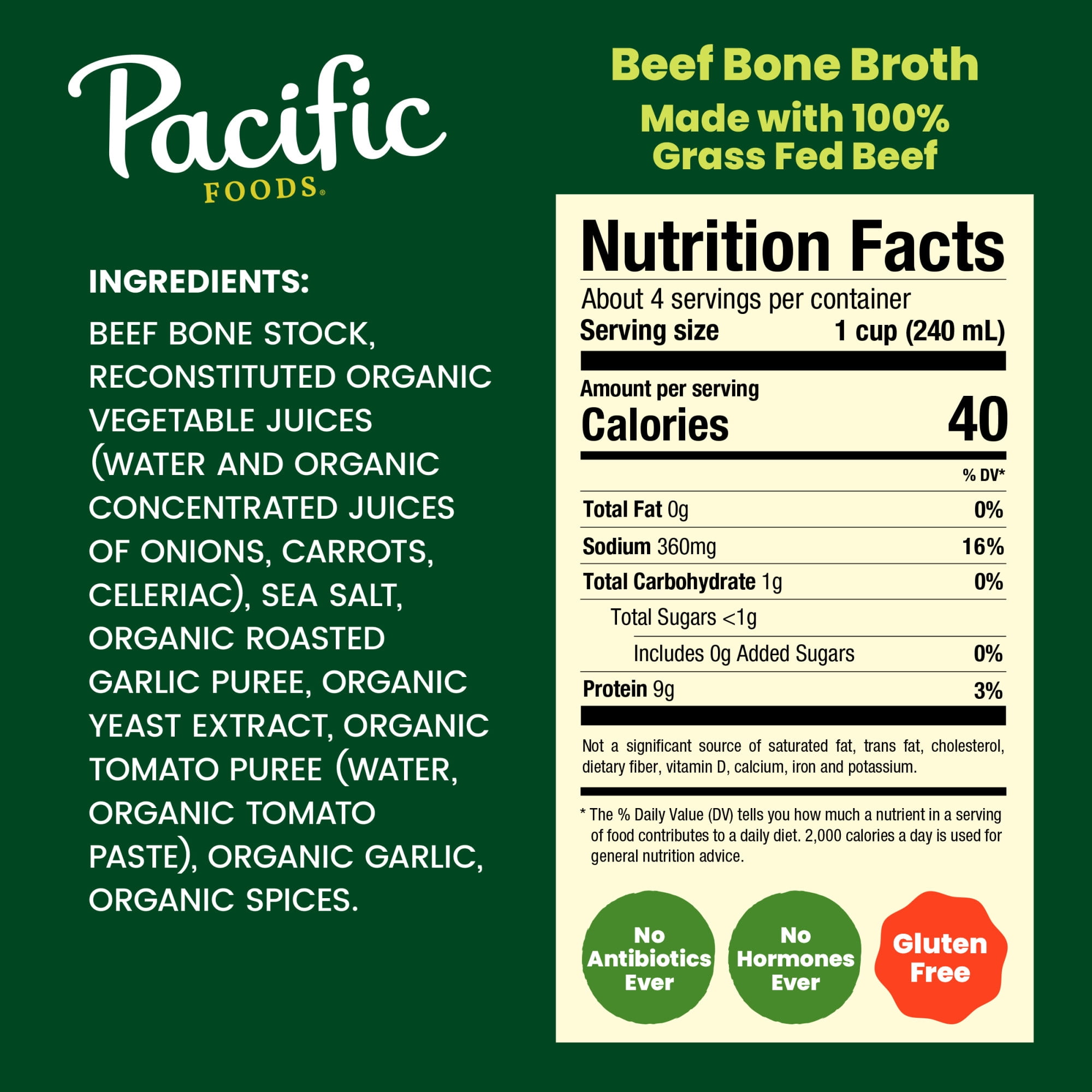Pacific Foods Grass Fed Beef Bone Broth, 32 oz Carton