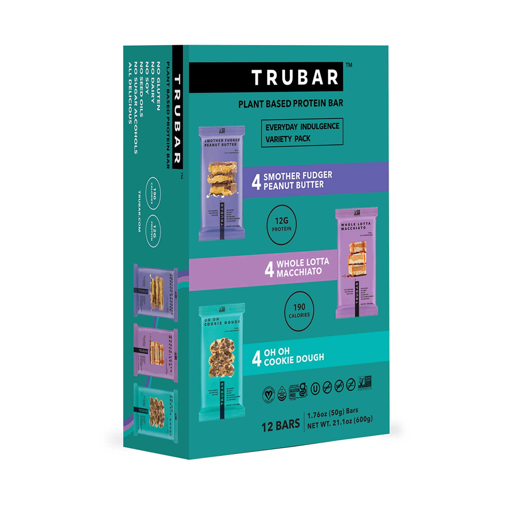 TRUBAR Variety Pack Cookie dough, peanut butter, macchiato, Plant Based Protein, Vegan, Gluten Free, Ko Plant Based Protein, Vegan, Gluten Free, Kosher, 12 pack