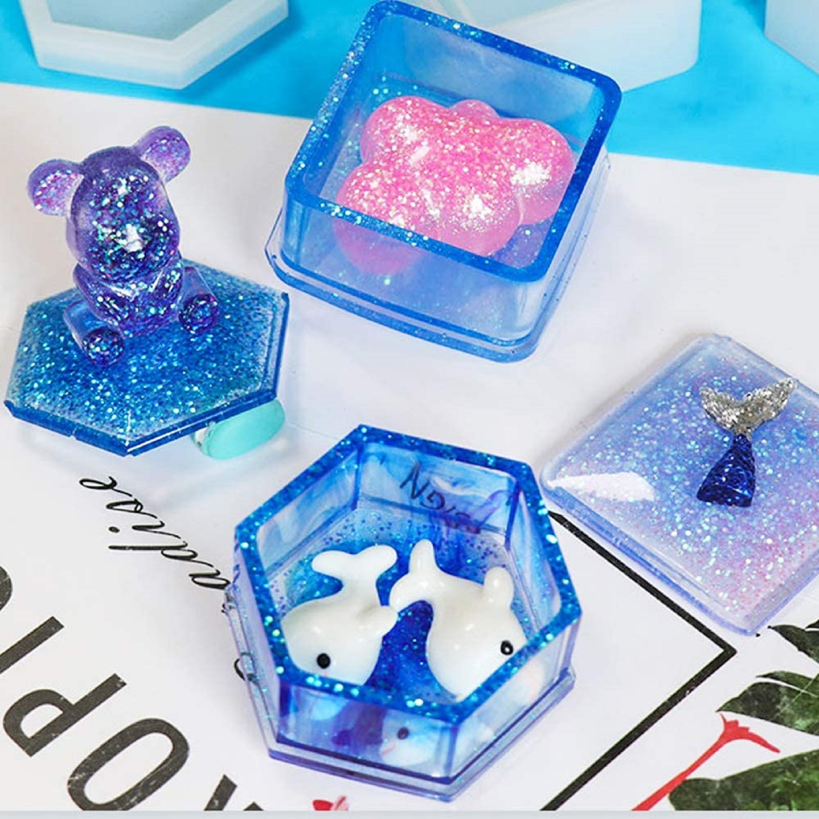 EEEkit 3pcs Silicone Resin Molds with Lid, Jewelry Storage Box Epoxy Resin Casting Molds with Heart Hexagon and Square Shape, Jewelry Pendant Box