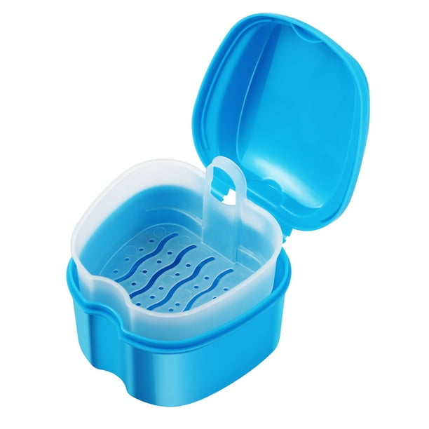 SUPVOX Estuche para caja de dentadura postiza Caja de baño para dentadura postiza Caja de almacenamiento de dientes postizos con contenedor de red colgante (azul claro)