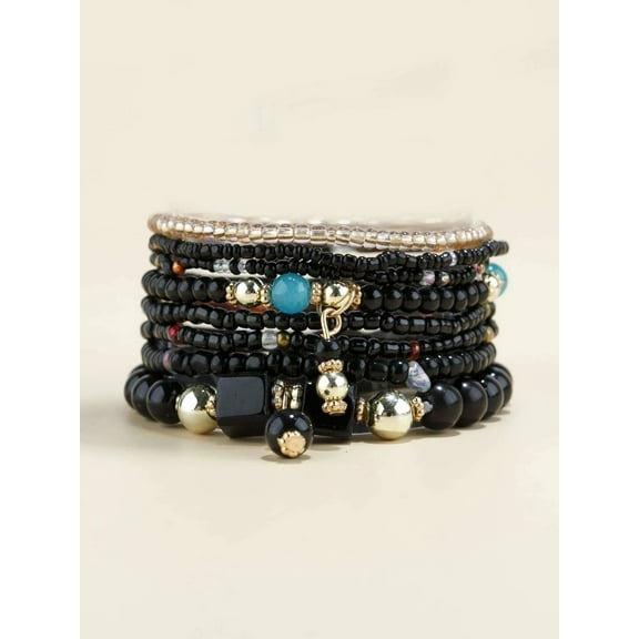 Hotian 8pcs Beaded Bracelet Jewelry Set Multilayer Boho Charm Bracelet Pack for Women and Men Black