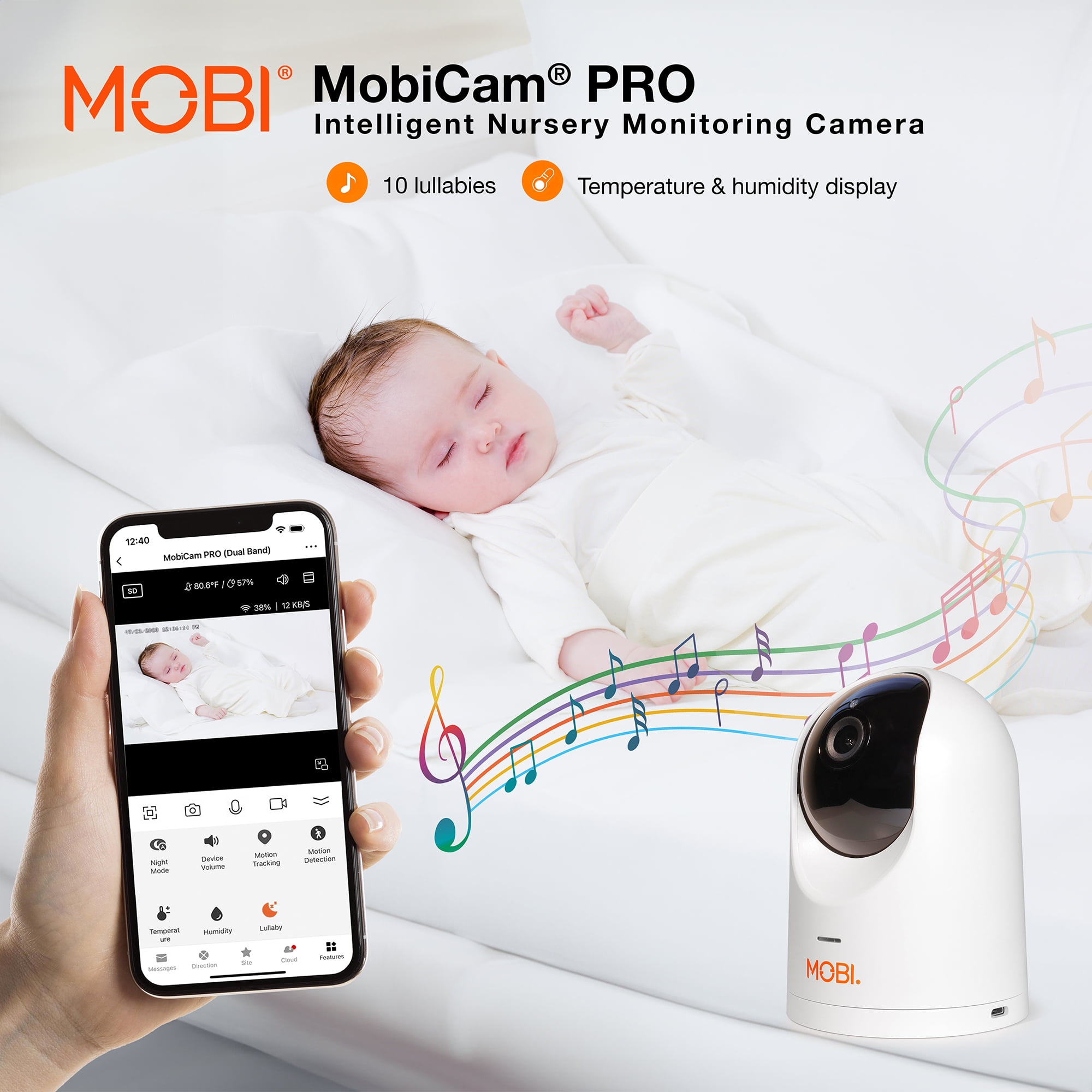 MobiCam PRO Baby & Home Monitoring Camera: Full HD, 355°Pan, 120°Tilt, 2-Way Audio, Color Night Vision, Motion Tracking & Sound Detection, Temp & Humidity Readings, Supports 5G/2.4GHz Wi-Fi