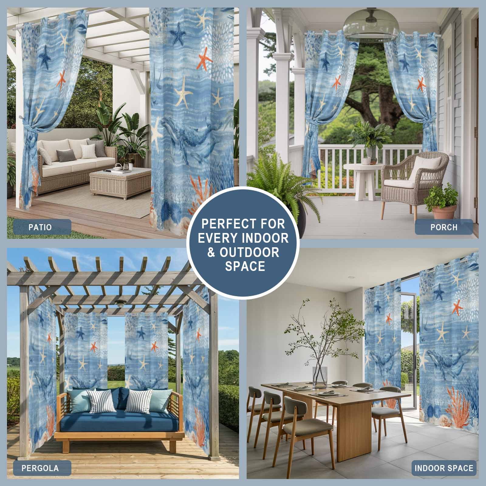 Ocean Whale Outdoor Curtains for Patio, Orange Blue Theme Summer Sea Animal Corals Starfish Sunshade Privacy Drapes Grommet Waterproof Outside Curtains for Porch/Cabana/Balcony 54"x 108", 1 Panel