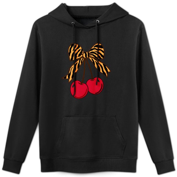 Sudadera con capucha con estampado de cerezas y rayas de tigre, mezcla de algodón suave, manga larga informal para mujeres y adolescentes